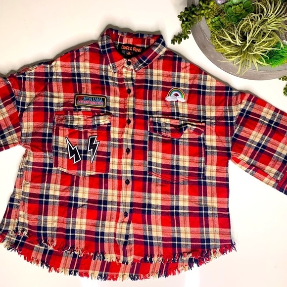 Dance Marvel cherry red Patchwork Plaid Fray button up cycled small shirt - Picture 1 of 10
